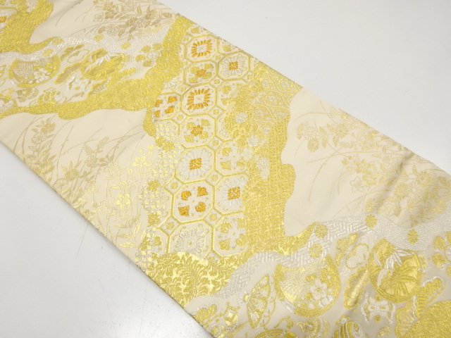 JAPANESE KIMONO / ANTIQUE FUKURO OBI / SILK / WOVEN MICHINAGADORI & FLOWERS & CLASSICAL PATTERN
